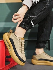 男士运动鞋，休闲时尚拼色潮流运动鞋，舒适厚底皮革表面鞋 - 卡其色 - 查看 3