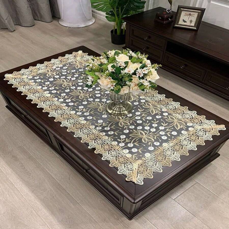 Mantel Para Mesa de centro decorativo para el hogar Rectangular Mantel diseño tipo  Europeo Bordado Mesa De Café Cubierta Mesa Flor De Té Occidental Tela De Color Sólido Libro De Encaje lavable - Café integral - Ver 1
