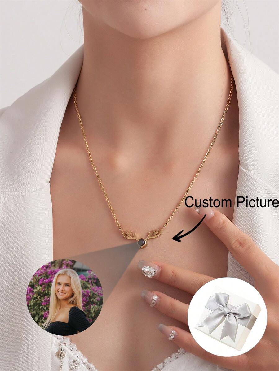 1pc Custom Romantic Deer Antler Picture Projection Necklace, Personalized Photo Pendant Necklace, Projection Jewelry Gifts For Women, Valentine's Day Gifts, Bridesmaid Gifts, Christmas Gifts, Mother's Day Gifts, Gifts For Her