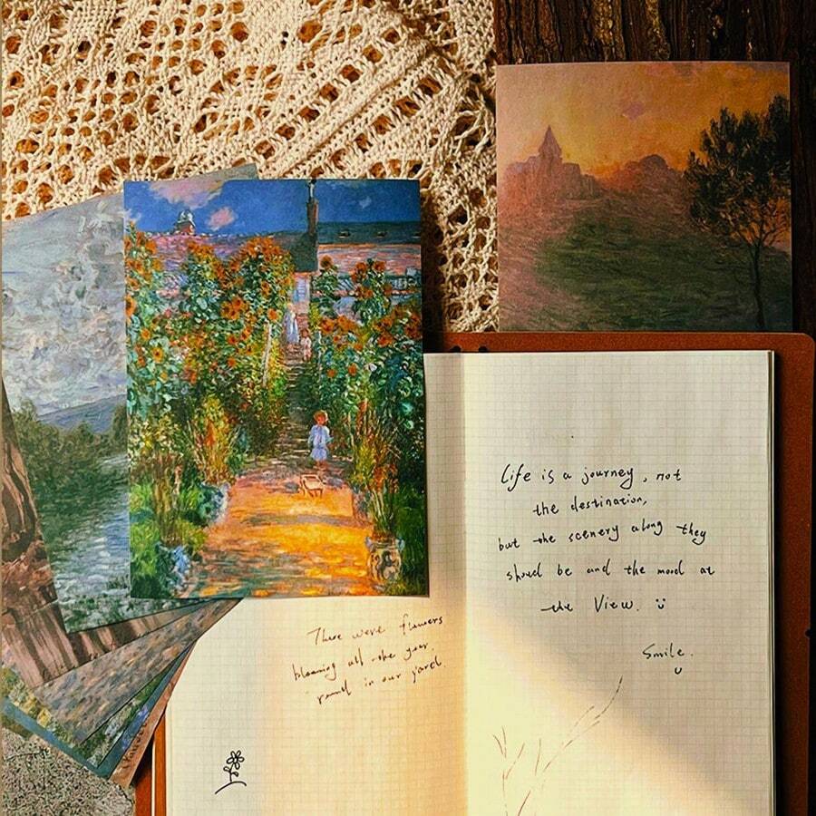 50入組復古油畫材料紙,風景、植物和花卉圖案裝飾底紙,美學diy拼貼剪貼簿材料,日誌和創意藝術的藝術材料 - 藏蓝色 - 查看 1