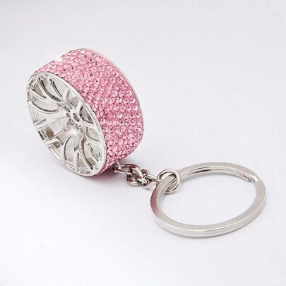 AD 1pc Pink Diamond Inlaid Zinc Alloy Car Wheel Shaped Keychain Pendant For Diy Car Key Decoration