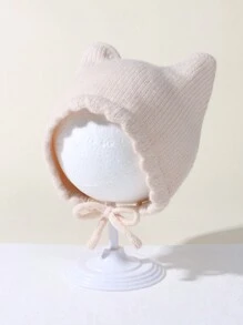 1 件純色嬰兒護耳針織帽 - 米色 - 查看 1