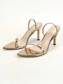 Women's Gold Pointy Toe High Heel Sandals With Metallic Texture Strap, Fashionable And Comfortable For Party
