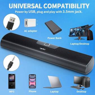 Computer Speaker Mini Soundbar Wall Mountable, 10W Wired PC Speakers Sound Bar 3.5mm Input, USB Powered Sound Bar With Volume Control For Desktop Monitor Laptop Projector For