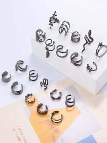 20入組男女通用無洞夾式軟骨包耳環,蛇形花卉羽毛可調節耳夾,假軟骨耳環 - 黑色 - 查看 3