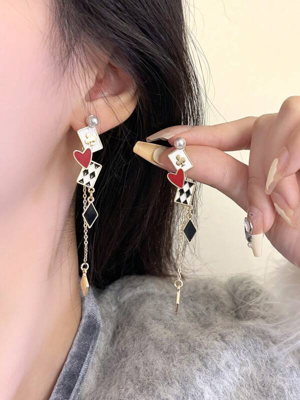 1pair Unique Contasting Color Poker Card Grid & Heart Shaped Drop Earrings Valentines