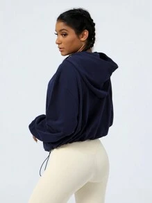 Sodalemon 女士抽绳下摆休闲运动宽松拉链卫衣，适合瑜伽 - 藏蓝色 - 查看 4