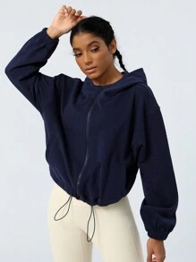 Sodalemon 女士抽绳下摆休闲运动宽松拉链卫衣，适合瑜伽 - 藏蓝色 - 查看 3