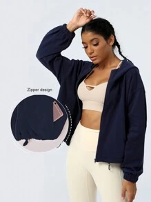 Sodalemon 女士抽绳下摆休闲运动宽松拉链卫衣，适合瑜伽 - 藏蓝色 - 查看 6