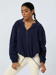 Sodalemon 女士抽绳下摆休闲运动宽松拉链卫衣，适合瑜伽 - 藏蓝色 - 查看 2