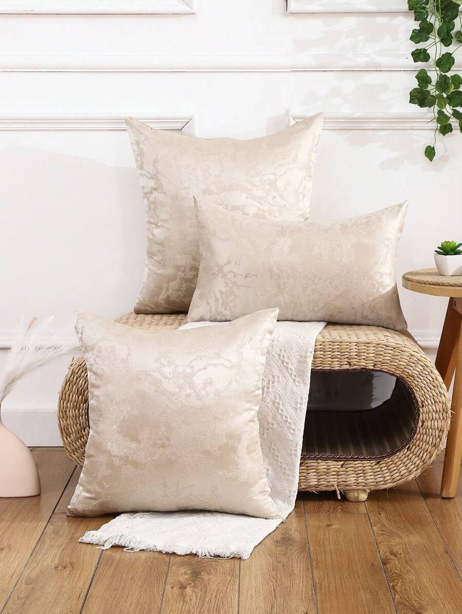 Miater 1pc Geometric Jacquard Pillow Cover Made Of Simulated Silk - Beige - View 1