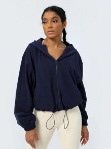 Sodalemon 女士抽绳下摆休闲运动宽松拉链卫衣，适合瑜伽 - 藏蓝色 - 查看 1