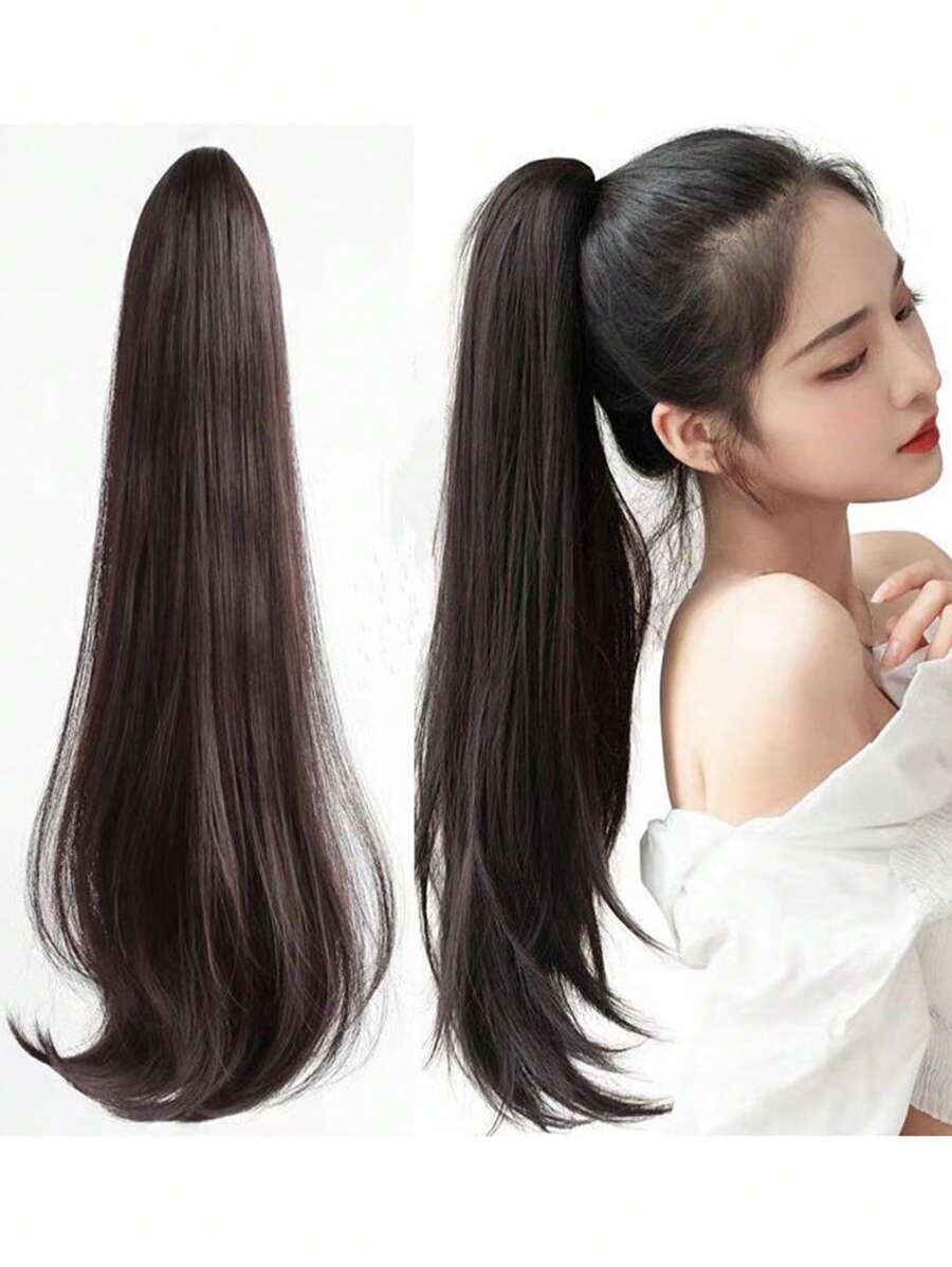 天然波浪長卷馬尾夾，防熱纖維，休閑款 - 棕色 - 查看 1