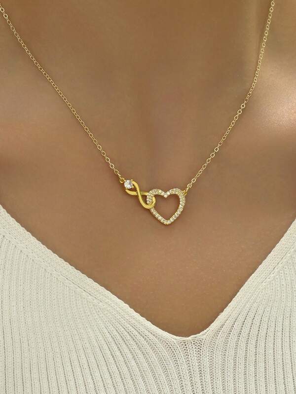 1 pièce Pendentif doré pour femme en forme d'infini et de cœur incrusté, cadeau de Saint-Valentin