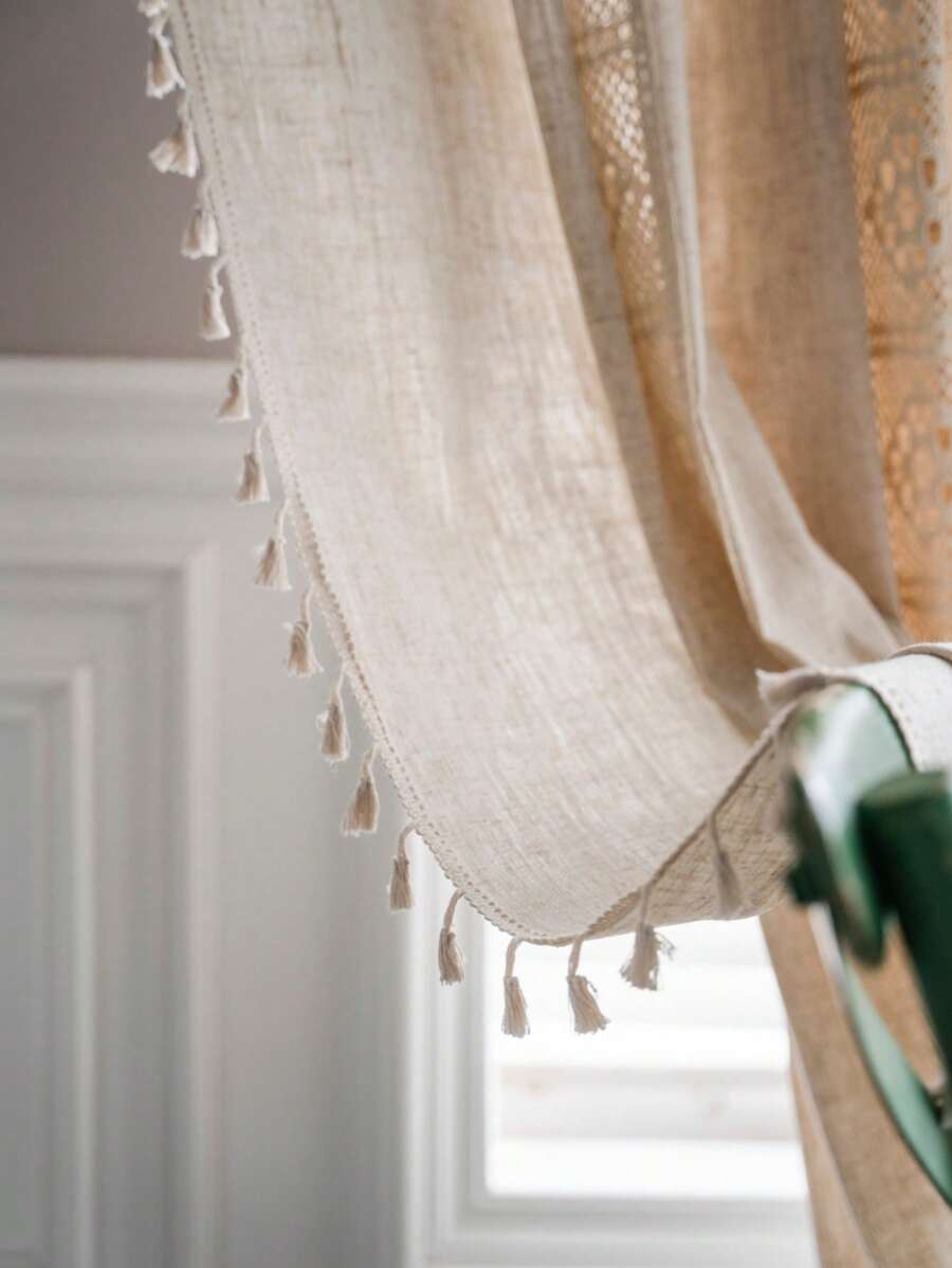 Bubaba 1pc Beige Hollow Out Sheer Curtain, Bohemian Vintage Linen Crochet Patchwork Tassels Decor Rod Pocket Bedroom Window Curtains, Suitable For Living Room, Bedroom, Kitchen, Cafe, Gym - For Daily, Holiday, Seasonal Use