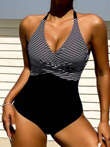 夏季欧美风格印花连体泳衣，收腹，音乐节/节日高腰露背度假泳装，交叉带女士沙滩装 - 黑與白 - 查看 2