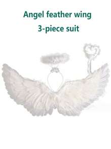 3 件套天然羽毛白色天使翅膀服裝套裝,適合節慶、攝影、舞台表演和角色扮演道具 - 白色 - 查看 3