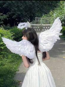 3 件套天然羽毛白色天使翅膀服裝套裝,適合節慶、攝影、舞台表演和角色扮演道具 - 白色 - 查看 1