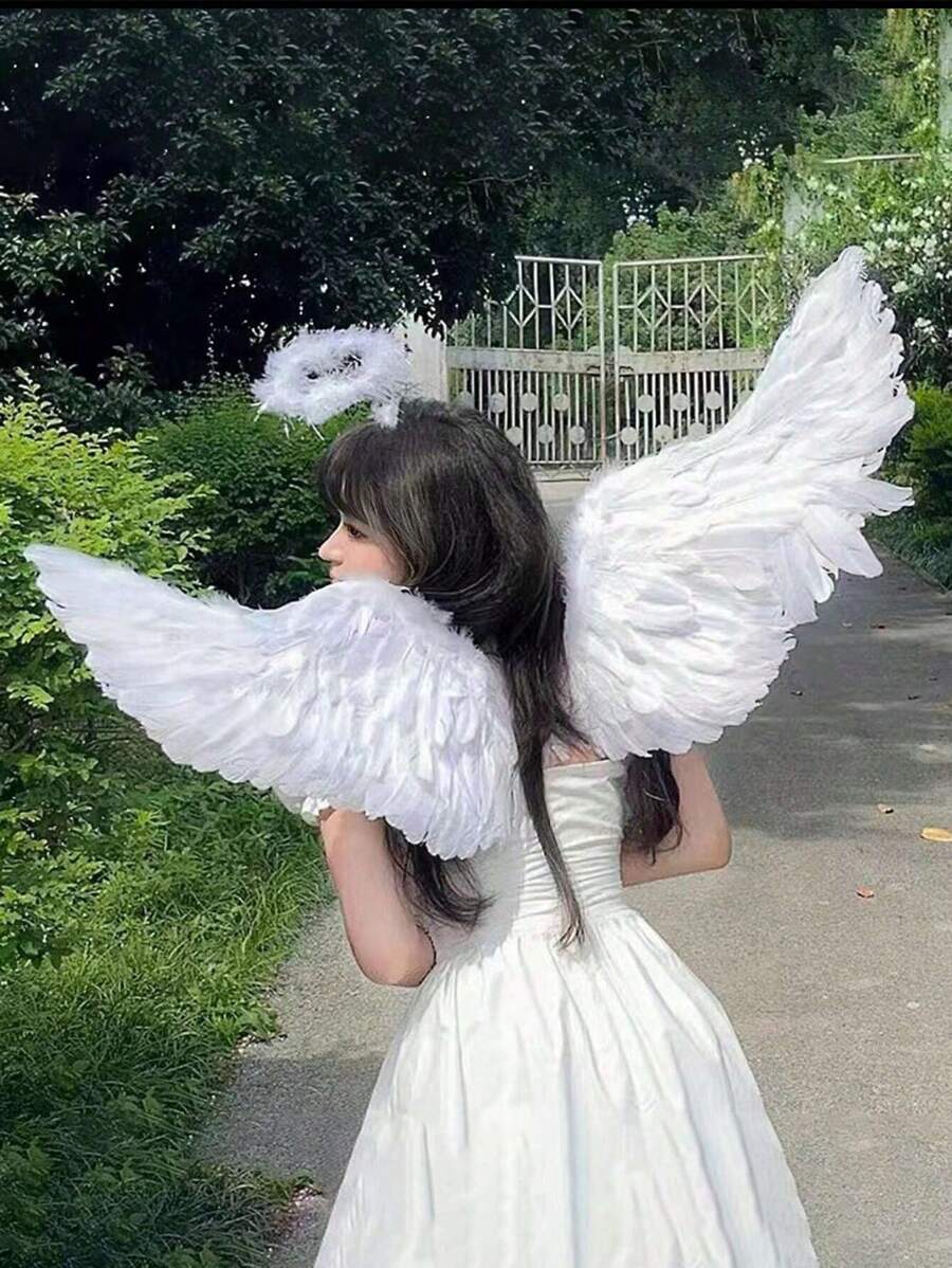 3 件套天然羽毛白色天使翅膀服裝套裝,適合節慶、攝影、舞台表演和角色扮演道具 - 白色 - 查看 1