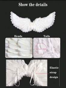 3 件套天然羽毛白色天使翅膀服裝套裝,適合節慶、攝影、舞台表演和角色扮演道具 - 白色 - 查看 8