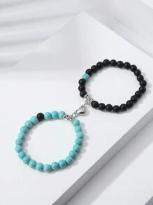 2入組天然能量石手鍊，採用心形磁扣，適用於父親節/母親節手鍊，情侶飾品/節日禮品套裝，Ins風配飾，日常佩戴，適用於海灘/復古風格 - 黑與白 - 查看 17