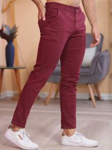 Men Jeans - 酒紅色 - 查看 3