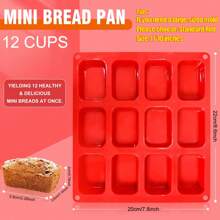 1pc Mini Silicone Molds Petite Loaf, 12 Cup Cupcake Baking Pan - Free Paper Muffin Cups - Non Stick, 100% Silicon & Dishwasher Silicon Bakeware - Red - View 2
