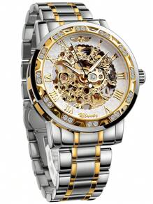 T-winner Fashionable Hollow Out Manual Mechanical Watch For Men With Casual Steel Strap - Silver - View 1