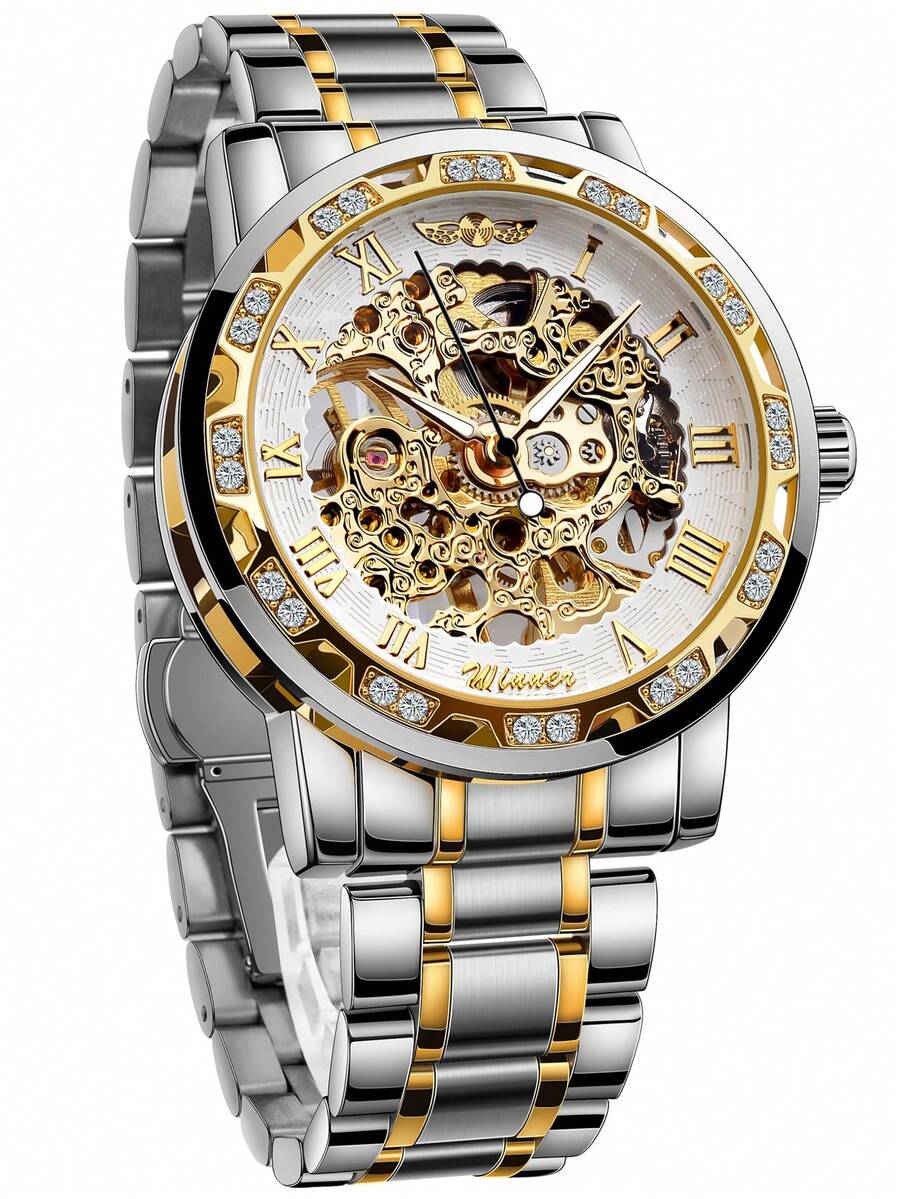 T-winner Fashionable Hollow Out Manual Mechanical Watch For Men With Casual Steel Strap - Silver - View 1