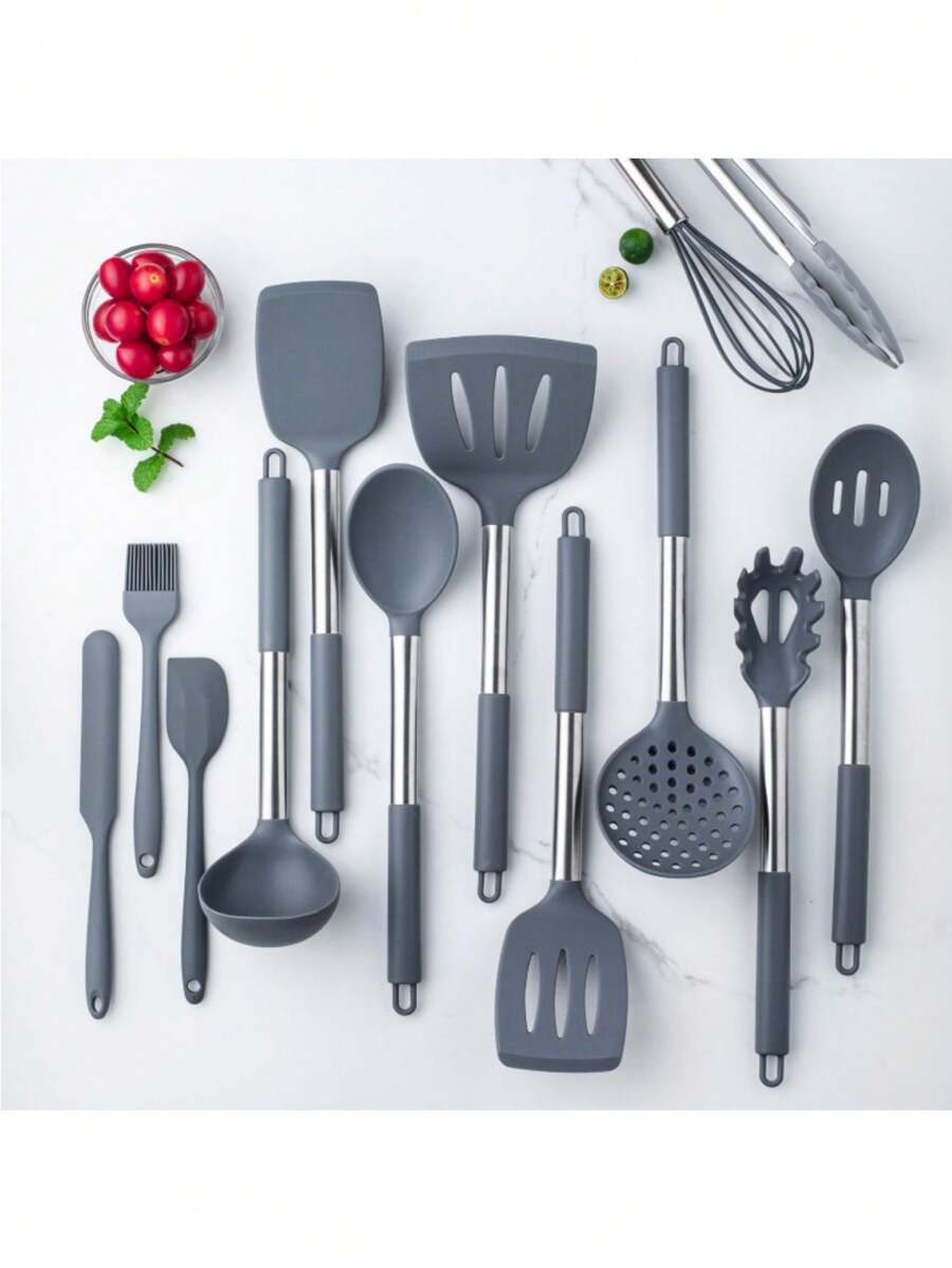 Conjunto De Utensilios De Cocina De 15 Piezas Con Mango De Acero Inoxidable Y Silicona, Herramientas De Cocina, Hogar - Gris - Ver 1