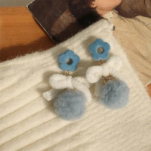 1pair Winter Fluffy Earrings Fresh And Simple Haze Blue Pom Pom Stud Earrings With Bowknot Gift For Women, Girls - Blue - View 5