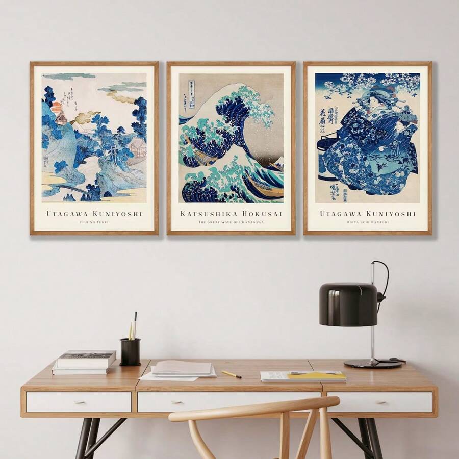日式印花3入組,牆壁藝術,畫廊藝術,神奈川印花,海上千尋波,葛飾北斎印花,浮世繪,復古日式藝術,復古風景畫布牆藝術,復古家居壁藝術,不含相框 - 彩色 - 查看 1