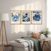 日式印花3入組,牆壁藝術,畫廊藝術,神奈川印花,海上千尋波,葛飾北斎印花,浮世繪,復古日式藝術,復古風景畫布牆藝術,復古家居壁藝術,不含相框 - 彩色 - 查看 6