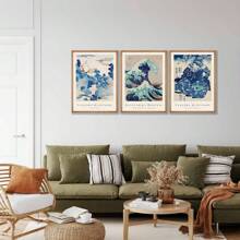 日式印花3入組,牆壁藝術,畫廊藝術,神奈川印花,海上千尋波,葛飾北斎印花,浮世繪,復古日式藝術,復古風景畫布牆藝術,復古家居壁藝術,不含相框 - 彩色 - 查看 5