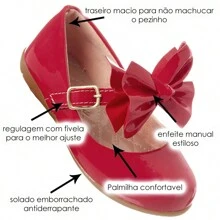 Sapatilha Feminina Infantil Boneca Sapato Menina Rasteira  Laço Grande Ponta - Vermelho - Visão 4