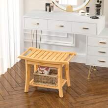 Bamboo Shower Bench with Storage Shelf ,Waterproof Anti-Slip Shower Stool for Shaving Legs or Spa Bath Seat in Bathroom & Inside Shower for Adults Seniors Elder - Tự nhiên - Xem 4