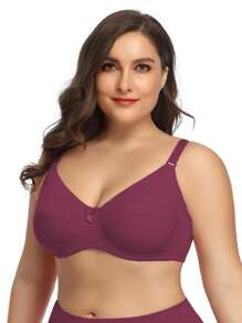 Parifairy One Piece Plus Size Solid Color Stretchy Ultra-Thin Underwire Bra, Simple For Daily Wear - Burgundy - View 4