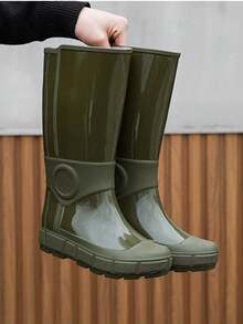 新款經典厚底高筒女式雨靴,具有橡膠、耐磨、防水、防滑等特性,適合四季穿著,時尚簡約的法式馬靴搭配溫暖的鞋套 - 綠色 - 查看 8