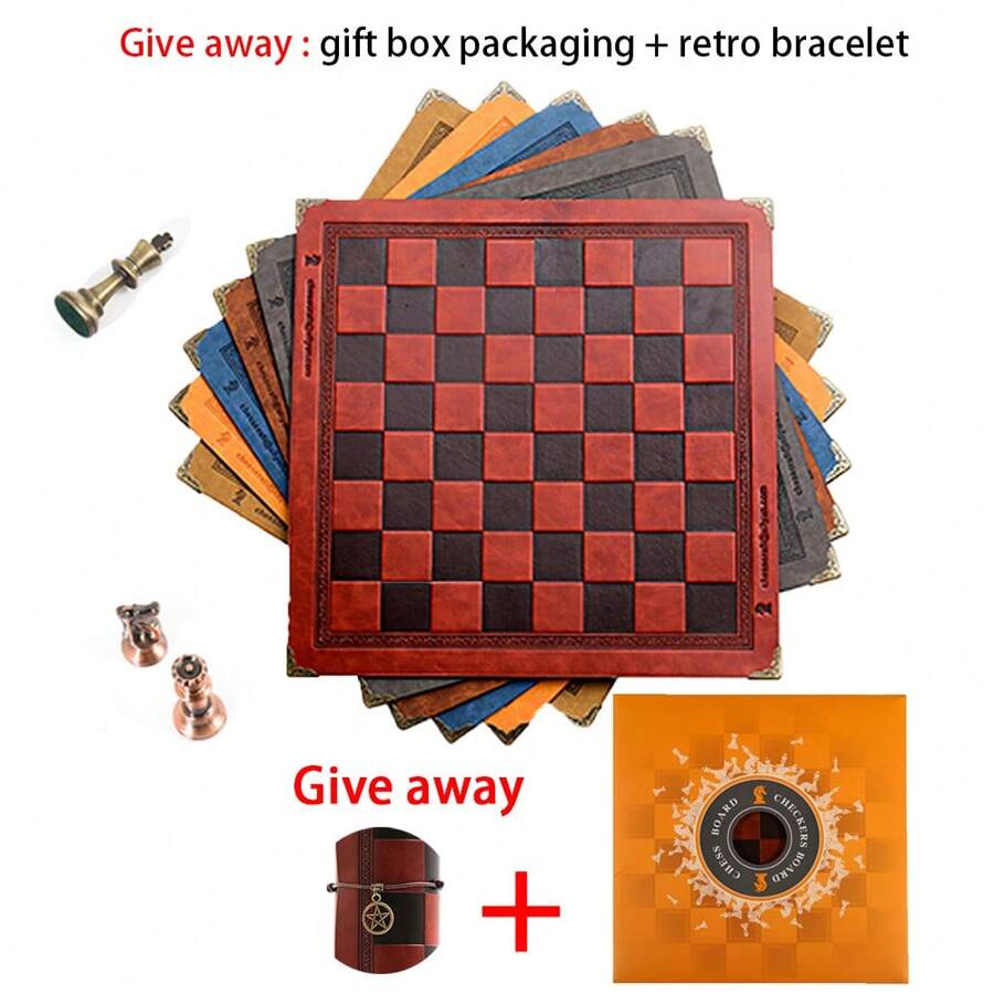 1pc Unique Sculpted Leather Chessboard With 9 Color Options & Metal Protective Corners Game Accessory - Orange - View 1