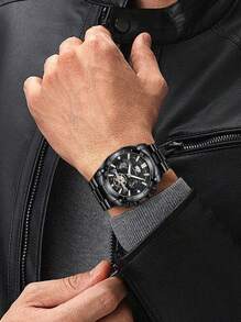 Va Va Voom 全黑不锈钢男士手表，奢华陀飞轮装饰，石英机芯，休闲，夜灯，户外运动，防水，适合男士商务和宴会，作为父亲节礼物，作为返校学生的礼物