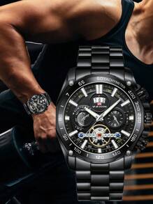 Va Va Voom 全黑不锈钢男士手表，奢华陀飞轮装饰，石英机芯，休闲，夜灯，户外运动，防水，适合男士商务和宴会，作为父亲节礼物，作为返校学生的礼物