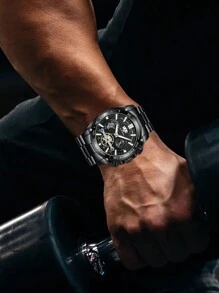 Va Va Voom 全黑不锈钢男士手表，奢华陀飞轮装饰，石英机芯，休闲，夜灯，户外运动，防水，适合男士商务和宴会，作为父亲节礼物，作为返校学生的礼物