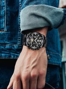 Va Va Voom 全黑不锈钢男士手表，奢华陀飞轮装饰，石英机芯，休闲，夜灯，户外运动，防水，适合男士商务和宴会，作为父亲节礼物，作为返校学生的礼物