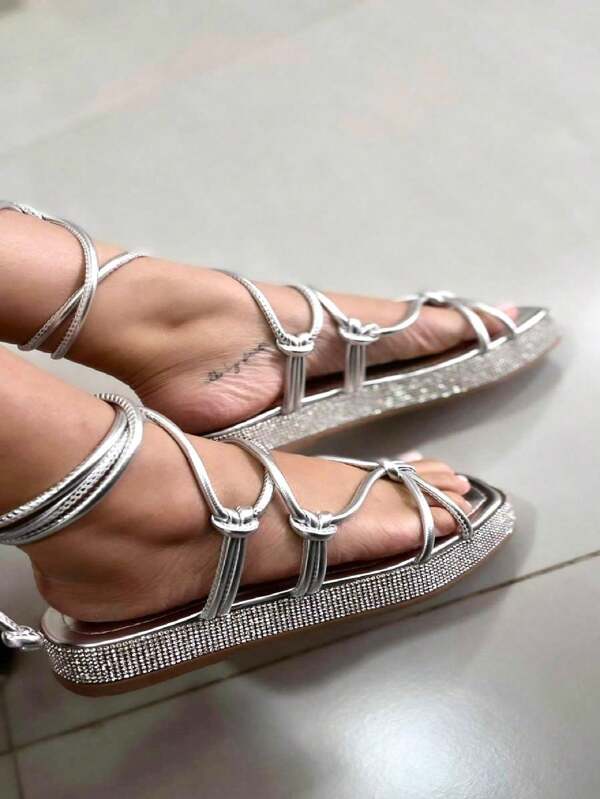 Tendencia Shoes Sandália feminina de amarração com manta sola de strass plataforma brilho tiras luxo