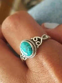 復古戒指鑲嵌多種顏色的綠松石可供選擇,可以與日常服裝搭配,是送給你的愛人的完美周年/生日禮物 - 黑色 - 查看 3