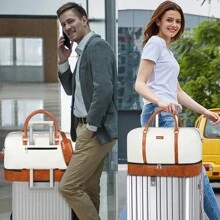 男士/女士週末旅行提包,設有鞋收納格和載具手柄,皮革健身包,適用於商務旅行、運動、學校、假日旅行,夜宿包,經典奢華的旅行套件,旅行必備品及其配件 - 白色 - 查看 3