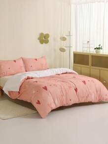3入組情人節抗菌和絨毛洗滌床上用品套件,心形印花被套和2個靠墊套,帶拉鍊和角落綁帶,全尺寸或女王尺寸 - 粉色 - 查看 1