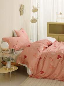 3入組情人節抗菌和絨毛洗滌床上用品套件,心形印花被套和2個靠墊套,帶拉鍊和角落綁帶,全尺寸或女王尺寸 - 粉色 - 查看 3