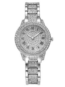 7pcs Ladies Watch Silver Rhinestone Decorated Ladies' Alloy Quartz Watch With Stainless Steel Strap, Business Casual Style, Roman Numeral Face, Comes With Alloy Bracelet, Necklace, Ring & Earrings Set - Silver - View 4