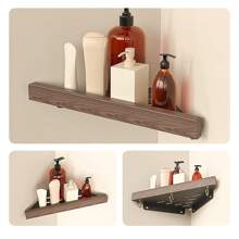 北歐風格核桃木三角浴室架,角落置物架適用於洗髮水,沐浴露,不需打孔安裝 - 黑色 - 查看 1